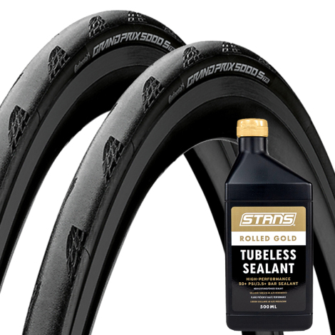 Continental GP5000 S TR Folding Road Tyres With Stans Rolled Gold 500ml Tubeless Sealant - Pair