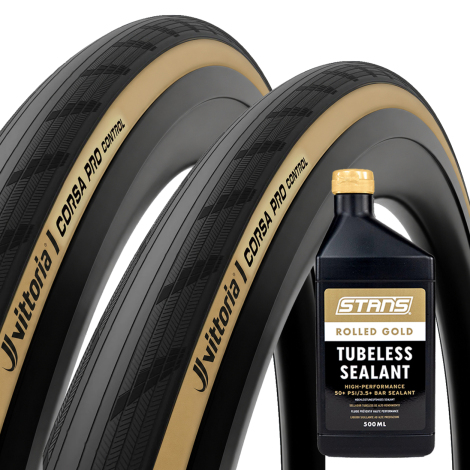 Vittoria Corsa Pro Control TLR Graphene Folding Road Tyres With Stans Rolled Gold 500ml Tubeless Sealant - Pair