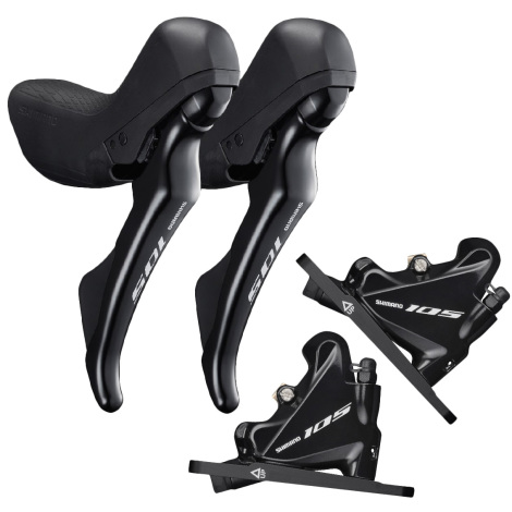 Image of Shimano 105 R7020 Hydraulic Disc STI Levers & R7070 Flat Mount Disc Calipers - 11 Speed - Black / Pair / 11 Speed / 900mm Front/1700mm Rear Hose